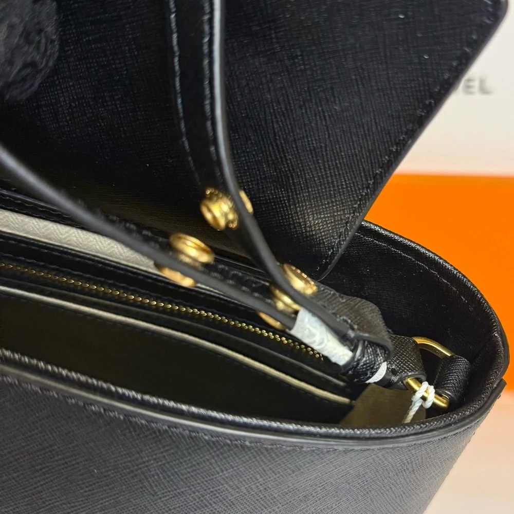 🆕TORY BURCH Emerson Saffiano Leather MD Convertible Bucket Bag ~Black~ 2inONE